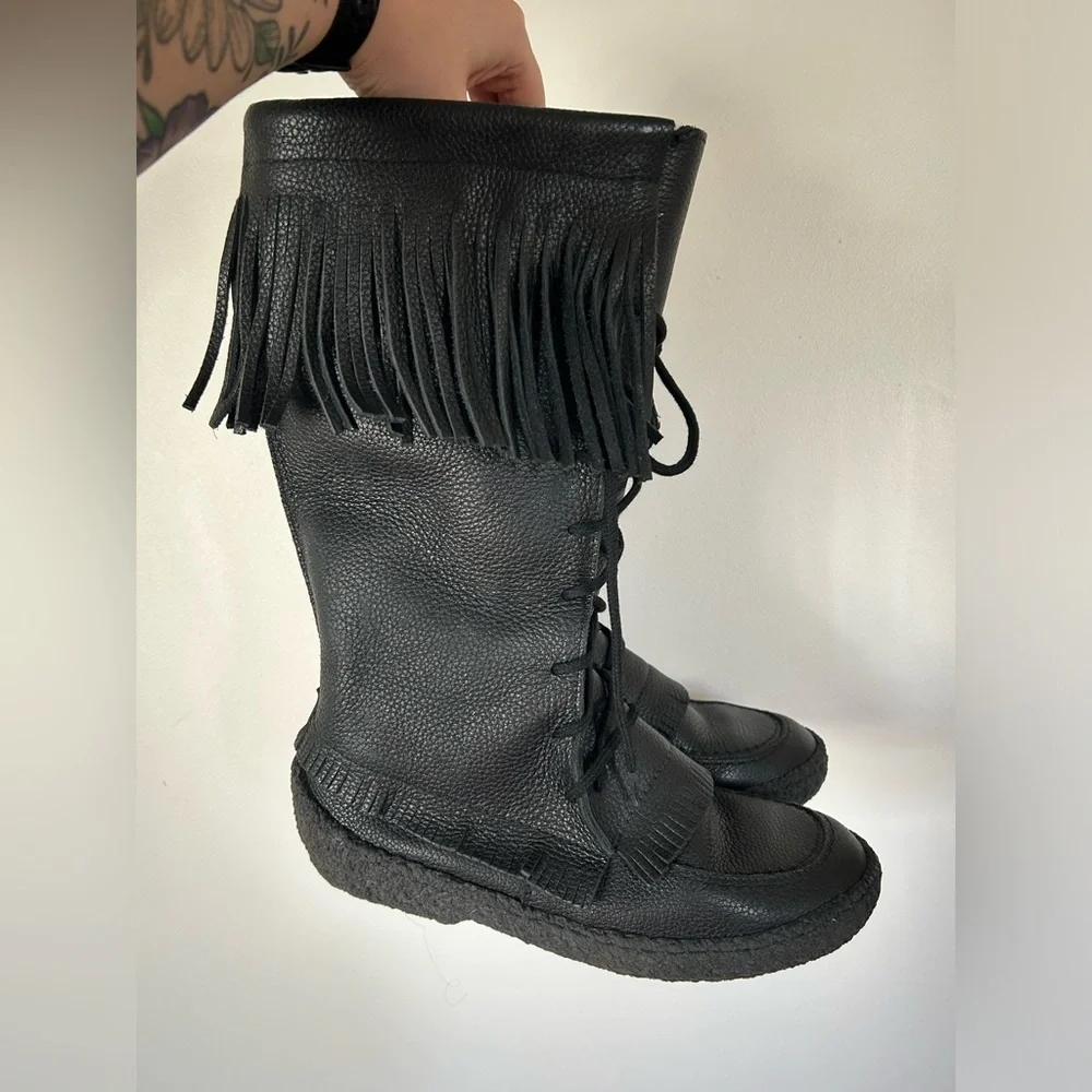Made In Canada Black Leather Fringed Mukluks Fleece Lined Boots Lace-up 10 M - Picture 5 of 13
